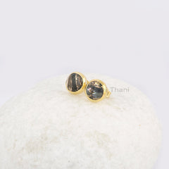 Round 9x9mm Black Copper Shell Stud Earrings, 18k Gold Plated Gemstone Earrings, Sterling Silver Bezel Earring Jewelry, Wedding Gift Earring