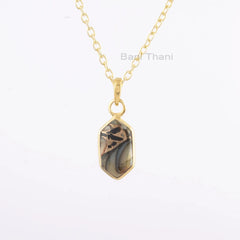 Hexagon Shape Black Copper Shell Necklace, 8x15mm Gemstone Bezel Necklace, Micron Gold Plated 925 Silver Necklace, Women's Gift Necklace
