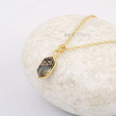 Hexagon Shape Black Copper Shell Necklace, 8x15mm Gemstone Bezel Necklace, Micron Gold Plated 925 Silver Necklace, Women's Gift Necklace