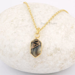 Hexagon Shape Black Copper Shell Necklace, 8x15mm Gemstone Bezel Necklace, Micron Gold Plated 925 Silver Necklace, Women's Gift Necklace