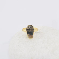Coffin Ring, Black Copper Shell 9x15mm Coffin Shape Gemstone Ring, 18k Gold Plated 925 Silver Bezel Ring, Anniversary Gift Ring, Womens Ring