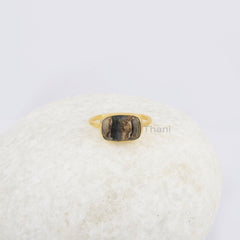Black Copper Shell Cushion Ring, Black Shell 8x12mm Gemstone Ring, 18k Gold Plated 925 Sterling Silver Bezel Set Ring, Christmas Gift Ring