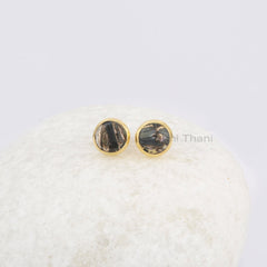 Round 9x9mm Black Copper Shell Stud Earrings, 18k Gold Plated Gemstone Earrings, Sterling Silver Bezel Earring Jewelry, Wedding Gift Earring