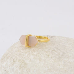 Pink Chalcedony Ring - Solid Silver - Gold Plated Ring - 8x16mm Flat Hexagon Stone - Artisan Jewelry - Jewelry for Womens - Gift For Writer