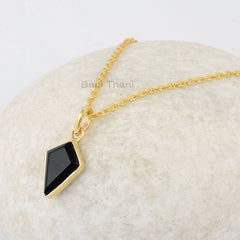 Black Onyx 11x15mm Kite Shape Gemstone Necklace, 925 Sterling Silver Gold Plated Necklace, Women's Gift Necklace, Minimalist Silver Necklace