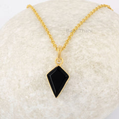 Black Onyx 11x15mm Kite Shape Gemstone Necklace, 925 Sterling Silver Gold Plated Necklace, Women's Gift Necklace, Minimalist Silver Necklace