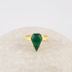 Elegant Green Onyx Diamond Shape Gemstone Ring, Gold Plated Sterling Silver Prong Set Ring, Mother's Day Gift Ring, Anniversary Gift for Her