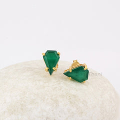 Green Onyx Diamond Shape 9x13mm Gemstone Stud Earrings, Handmade Gold Plated Stud Earrings, Valentine's Gift Earring, Dainty Silver Earring