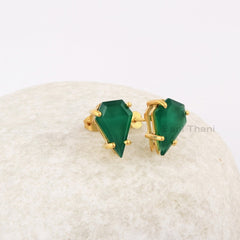 Green Onyx Diamond Shape 9x13mm Gemstone Stud Earrings, Handmade Gold Plated Stud Earrings, Valentine's Gift Earring, Dainty Silver Earring