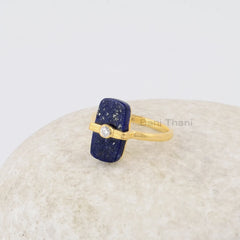 Lapis Lazuli 8x15mm Gemstone Ring - Solid Silver Handmade Ring - 18k Gold Plated Ring - Gift for Womens - Rings for Ladies - CZ Set Jewelry