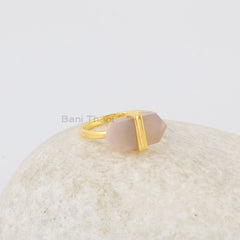 Pink Chalcedony Ring - Solid Silver - Gold Plated Ring - 8x16mm Flat Hexagon Stone - Artisan Jewelry - Jewelry for Womens - Gift For Writer