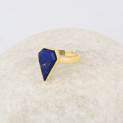 Elegant Lapis Lazuli 9x14mm Diamond Shape Gemstone Ring, Gold Plated Lapis Lazuli Ring, Anniversary Gift for Her, Handmade Silver Bezel Ring
