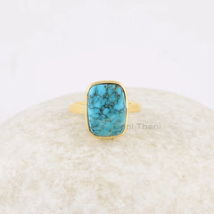 Arizona Turquoise Ring - Handmade Ring - 925 Silver - 10x14 mm Cushion - Gold Plated - Bestseller Jewelry - Gift For Teen -Jewelry For Niece