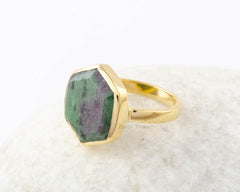 Ruby Zoisite Ring - Gold Plated - Pure Silver - Handmade Ring - Artisan Jewelry - Jewelry for Wedding - Gift for Women - Hexagon Gemstone