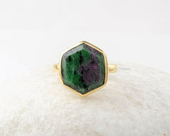 Ruby Zoisite Ring - Gold Plated - Pure Silver - Handmade Ring - Artisan Jewelry - Jewelry for Wedding - Gift for Women - Hexagon Gemstone