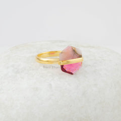 Fused Hexagon Gemstone Ring - Pink Tourmaline - Copper Pink Opal - 925 Silver Ring - Gemstone Ring - Gold Plated Ring - Gift for Women