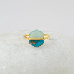 Fused Hexagon Gemstone Ring - Copper Blue Turquoise - Chalcedony Ring - 925 Silver Ring - Gemstone Ring - Gold Plated Ring - Gift for Her