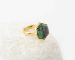 Ruby Zoisite Ring - Gold Plated - Pure Silver - Handmade Ring - Artisan Jewelry - Jewelry for Wedding - Gift for Women - Hexagon Gemstone