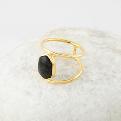 Labradorite Ring - Gemstone Ring - 925 Silver Ring - Double Band - Gold Plated - 7x12mm Hexagon Ring - Jewelry for Bridesmaid - Dainty Ring