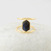 Labradorite Ring - Gemstone Ring - 925 Silver Ring - Double Band - Gold Plated - 7x12mm Hexagon Ring - Jewelry for Bridesmaid - Dainty Ring