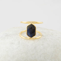 Labradorite Ring - Gemstone Ring - 925 Silver Ring - Double Band - Gold Plated - 7x12mm Hexagon Ring - Jewelry for Bridesmaid - Dainty Ring