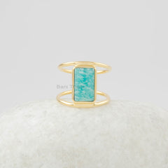 Gemstone Silver Ring - Gold Plated - Amazonite Ring - 7x12mm Rectangle Ring - Double Band - Ring For Mom - Jewelry for Women - Gift for Her