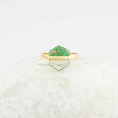 Prehnite Ring - Fused Hexagon Gemstone - 11x13mm Ring - Green Copper - Gold Plated - 925 Solid Silver - Jewelry for The Beach - Dainty Ring