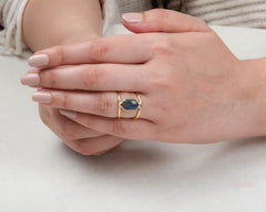 Labradorite Ring - Gemstone Ring - 925 Silver Ring - Double Band - Gold Plated - 7x12mm Hexagon Ring - Jewelry for Bridesmaid - Dainty Ring