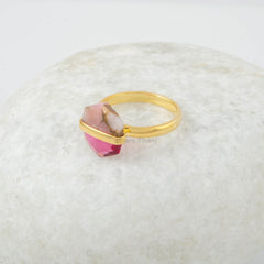 Fused Hexagon Gemstone Ring - Pink Tourmaline - Copper Pink Opal - 925 Silver Ring - Gemstone Ring - Gold Plated Ring - Gift for Women