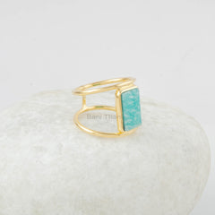 Gemstone Silver Ring - Gold Plated - Amazonite Ring - 7x12mm Rectangle Ring - Double Band - Ring For Mom - Jewelry for Women - Gift for Her