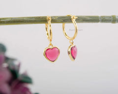 Silver Dangle Hoop Earrings, Pink Tourmaline Heart Shape Drop Earring, Gold Plated Gemstone Silver Hoop Earrings, Anniversary Gift Earrings