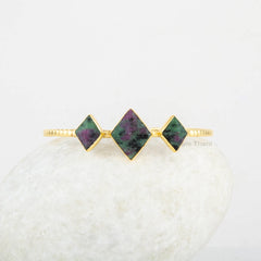 Ruby Zoisite Cuff Bracelet - 925 Silver Bracelet - Adjustable Bangle - Diamond Shape Gemstone - Gold Plated - Gift for Her - Handmade Bangle