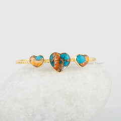 Oyster Turquoise Cuff Bracelet - Sterling Silver Bracelet - Adjustable Bangle - Heart Gemstone - Gold Plated - Gift for Her- Handmade Bangle