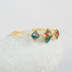 Delicate Cuff Bracelet - Oyster Turquoise Bangle - 925 Sterling Silver Bracelet - Diamond Shape Gemstone - 18k Gold Plated - Handmade Bangle