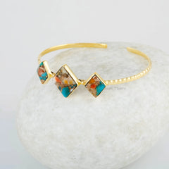 Delicate Cuff Bracelet - Oyster Turquoise Bangle - 925 Sterling Silver Bracelet - Diamond Shape Gemstone - 18k Gold Plated - Handmade Bangle