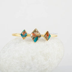Delicate Cuff Bracelet - Oyster Turquoise Bangle - 925 Sterling Silver Bracelet - Diamond Shape Gemstone - 18k Gold Plated - Handmade Bangle