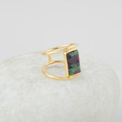 Ruby Zoisite Silver Ring - 7x12mm Rectangle - Gemstone Ring - Double Band - Gold Plated - Ring for Women - Gift for Her - Wedding Gift Ring