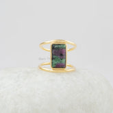 Ruby Zoisite Silver Ring - 7x12mm Rectangle - Gemstone Ring - Double Band - Gold Plated - Ring for Women - Gift for Her - Wedding Gift Ring