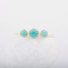 Gemstone Bracelet - Amazonite Hexagon Cuff Bracelet - Gold Plated Bangle - 925 Solid Silver - Gift for Her- Jewelry for Bride - Gift for Her