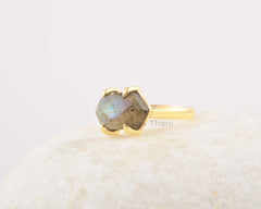 Solid Silver Ring - Labradorite Hexagon Gemstone Ring - Gold Plated Ring - Jewelry for Women - Gift for Her - Handmade Jewelry - Dainty Ring