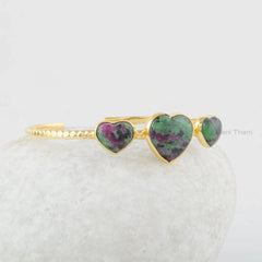 Ruby Zoisite Gemstone Bracelet - Gold Plated Bracelet - Heart Cuff Bangle - 925 Solid Silver - Gift for Birthday - Adjustable Cuff Bracelet