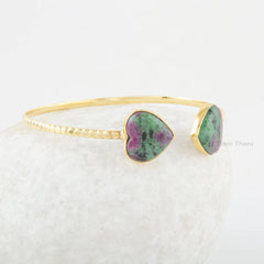 Jewelry for Prom - Gemstone Cuff Bangle - Ruby Zoisite Heart Bangle- Gold Plated - 925 Solid Silver - Gift for Her - Jewelry For Niece