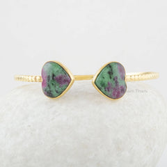 Jewelry for Prom - Gemstone Cuff Bangle - Ruby Zoisite Heart Bangle- Gold Plated - 925 Solid Silver - Gift for Her - Jewelry For Niece