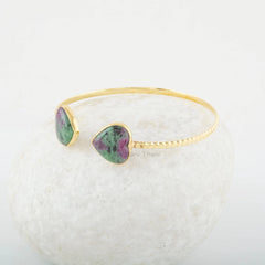 Jewelry for Prom - Gemstone Cuff Bangle - Ruby Zoisite Heart Bangle- Gold Plated - 925 Solid Silver - Gift for Her - Jewelry For Niece