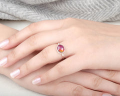 Aurora Opal Handcrafted Silver Ring - Oval Gemstone Rings - Solid 925 Silver Ring - Statement Ring - Dainty Ring - Gift for Her - Midi Ring