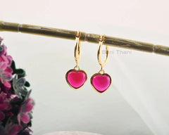 Silver Dangle Hoop Earrings, Pink Tourmaline Heart Shape Drop Earring, Gold Plated Gemstone Silver Hoop Earrings, Anniversary Gift Earrings