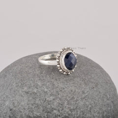 Natural Blue Sapphire Silver Ring - Handmade Gemstone Boho Ring - Solid 925 Silver Dotted Ring Jewelry for Wholesale - Oval Silver Ring
