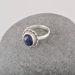 Natural Blue Sapphire Silver Ring - Handmade Gemstone Boho Ring - Solid 925 Silver Dotted Ring Jewelry for Wholesale - Oval Silver Ring