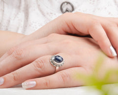Natural Blue Sapphire Silver Ring - Handmade Gemstone Boho Ring - Solid 925 Silver Dotted Ring Jewelry for Wholesale - Oval Silver Ring