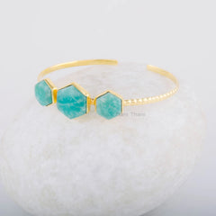 Gemstone Bracelet - Amazonite Hexagon Cuff Bracelet - Gold Plated Bangle - 925 Solid Silver - Gift for Her- Jewelry for Bride - Gift for Her